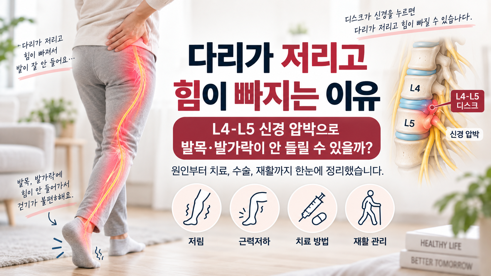 다리가 저리고 힘이 빠지는 이유, L4-L5 신경 압박으로 발목·발가락이 안 들릴 수 있을까?
