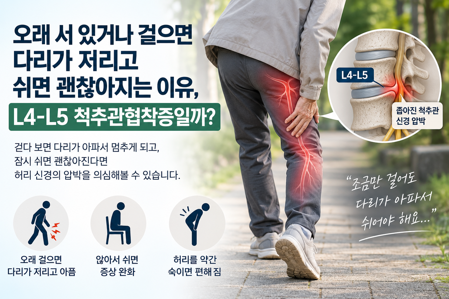 오래 서 있거나 걸으면 다리가 저리고 쉬면 괜찮아지는 이유, L4-L5 척추관협착증일까?