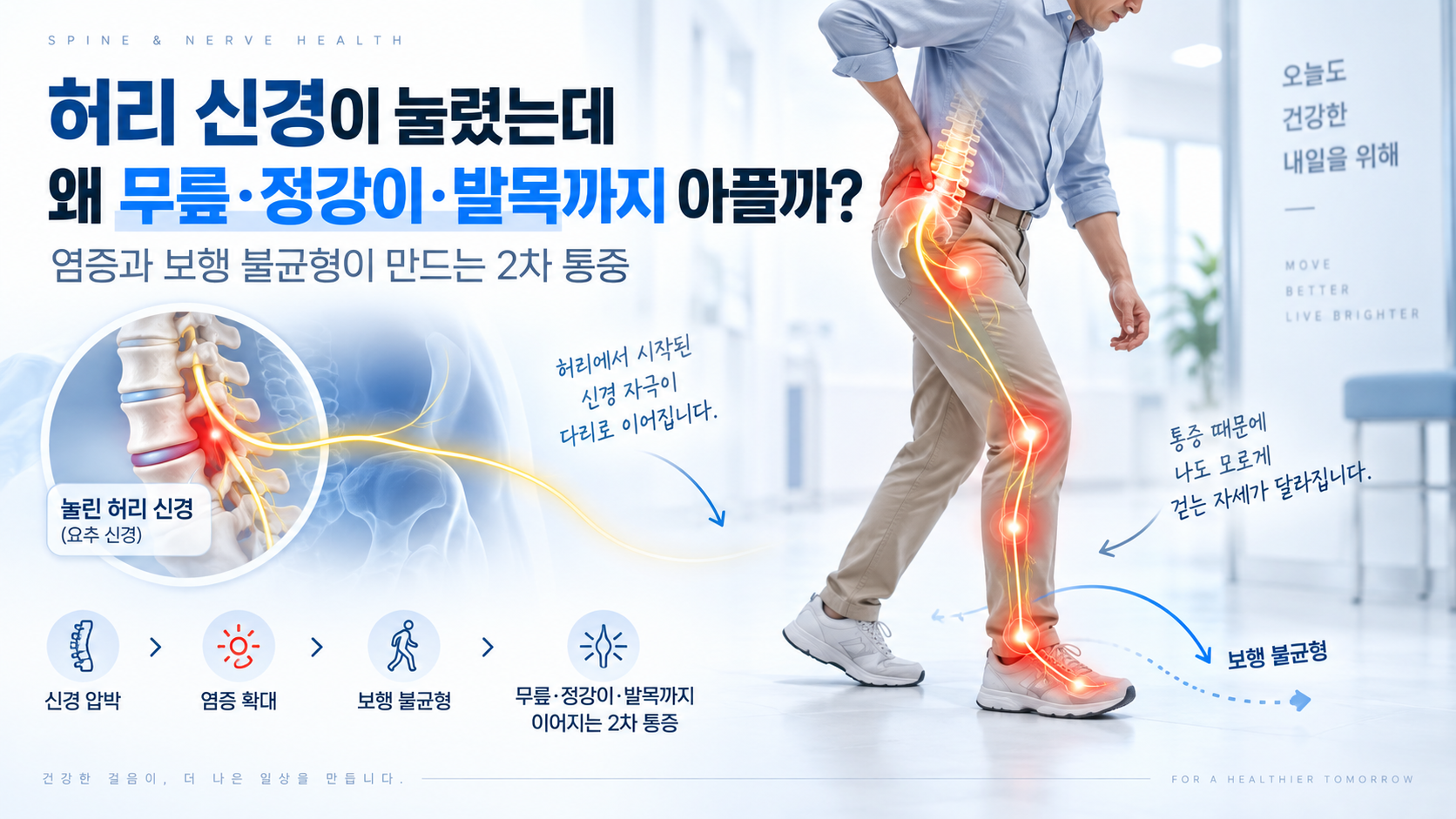 허리 신경이 눌렸는데 무릎·정강이·발목까지 아픈 이유, 염증과 보행 불균형이 만드는 2차 통증