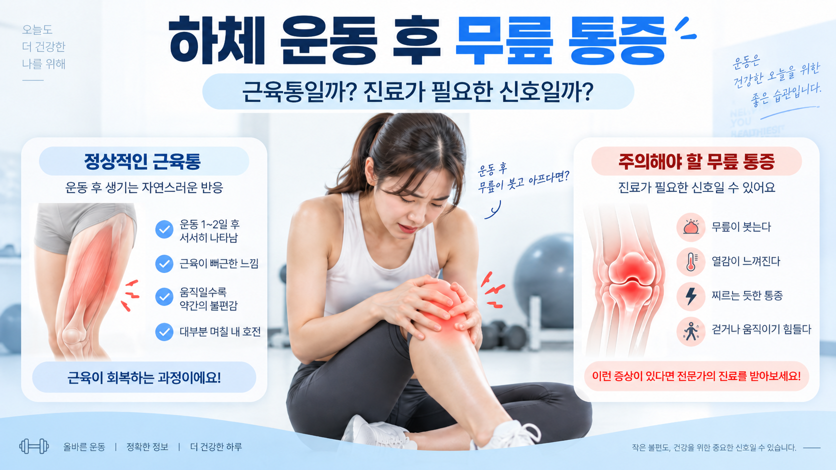 하체 운동 후 무릎이 붓고 아프다면? 정상적인 근육통과 멈춰야 할 통증의 차이