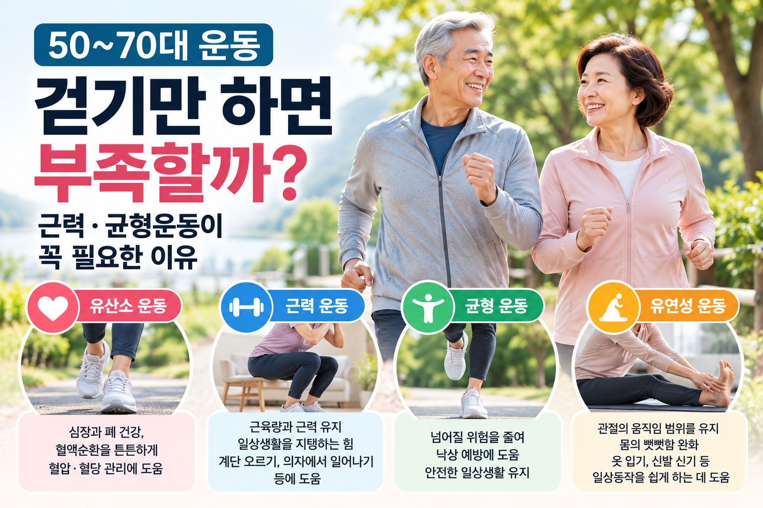 50~70대 운동, 걷기만 하면 부족할까? 근력·균형운동이 꼭 필요한 이유